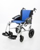 Excel G-Logic Lightweight Transit Wheelchair With 18'' Silver Frame and Blue Upholstery.